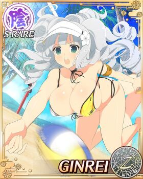 1girl ahoge aqua_eyes ball beach_volleyball black_hairband breasts card_(medium) choker cleavage day drill_hair drill_sidelocks flower game_cg ginrei_(senran_kagura) grey_hair hair_flower hair_ornament hairband jumping large_breasts long_hair multiple_drills non-web_source ocean official_alternate_costume official_art palm_tree playing_sports senran_kagura senran_kagura_new_wave shirt sidelocks solo tree visor_cap volleyball volleyball_(object) volleyball_net yellow_shirt zodiac_wheel