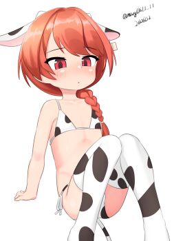 1girl absurdres aged_down animal_ears animal_print bikini braid cow_ears cow_horns cow_print cow_print_bikini cow_print_thighhighs cow_tail fake_animal_ears fake_horns feet_out_of_frame flat_chest hair_over_shoulder highres horns kantai_collection loli long_hair maru_(marg0613) nevada_(kancolle) one-hour_drawing_challenge print_bikini print_thighhighs red_eyes red_hair simple_background single_braid sitting solo swimsuit tail thighhighs white_background white_bikini white_thighhighs
