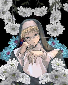 1boy black_dress black_veil blonde_hair blue_eyes choppy_bangs commentary_request crossdressing crossdressing_(mtf) dress floral_background flower glasses guimpe hands_up head_rest highres jewelry long_sleeves looking_at_viewer male_focus mole mole_under_eye nun original parted_lips ring sahi00000 short_hair solo upper_body veil white_flower