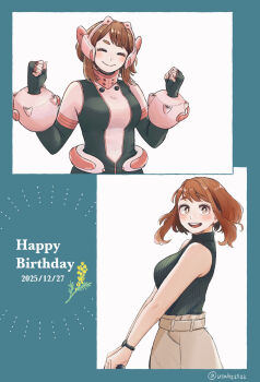 1girl bare_shoulders black_bodysuit black_gloves black_shirt blue_border blush bodysuit boku_no_hero_academia border breasts brown_eyes brown_hair clenched_hands closed_eyes closed_mouth dated fingerless_gloves gloves grey_skirt happy_birthday headset highres medium_breasts medium_hair multicolored_bodysuit multiple_views open_mouth pink_bodysuit shirt skirt sleeveless sleeveless_turtleneck smile solo superhero_costume turtleneck twintails two-tone_bodysuit upper_body uraraka_ochako usahs2722 v_arms watch white_background wristwatch