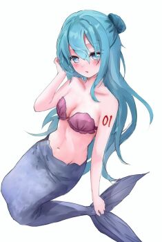 1girl aqua_eyes aqua_hair bikini blush breasts cleavage commentary_request fins groin hair_between_eyes hair_bun hand_in_own_hair hatsune_miku li_lia long_hair long_sidelocks looking_at_viewer mermaid mermaid_out_of_environment monster_girl monsterification navel number_tattoo open_mouth shell shell_bikini sidelocks simple_background single_hair_bun small_breasts solo swimsuit tattoo very_long_hair vocaloid white_background