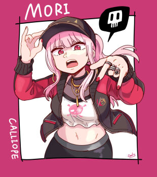 1girl baseball_cap black_pants breasts character_name commentary crop_top galois hat hat_tip highres hololive hololive_english jacket jewelry large_breasts midriff mori_calliope mori_calliope_(streetwear) multiple_necklaces multiple_rings navel necklace open_clothes open_jacket open_mouth pants pink_hair ponytail red_eyes ring sidelocks signature solo spoken_skull upper_body virtual_youtuber