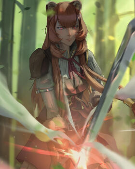 1girl animal_ear_fluff animal_ears armor belt black_dress blunt_bangs breastplate breasts brown_belt brown_gloves brown_hair commentary cowboy_shot double-parted_bangs dress elbow_gloves english_commentary eyelashes floating_hair flxillustration forest gloves glowing glowing_eyes hand_up highres holding holding_sword holding_weapon layered_dress leather_armor lips long_hair long_sleeves looking_at_viewer medium_breasts metal_arm_cuffs metal_hair_tubes nature neck_ribbon nose outdoors pauldrons pink_lips raccoon_ears raccoon_girl raphtalia red_dress red_eyes red_ribbon ribbon short_dress shoulder_armor single_pauldron sleeveless sleeveless_dress solo standing straight_hair sword tate_no_yuusha_no_nariagari two-tone_dress weapon white_dress