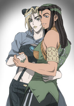 2girls arm_around_waist black_eyes black_hair blonde_hair braid breasts bun_with_braided_base cigarette coat commentary_request dark-skinned_female dark_skin double_bun dreadlocks ermes_costello forehead_tattoo green_eyes green_hair green_nails grey_coat hair_bun holding_hands jeonjin_(mynamebazin) jojo_no_kimyou_na_bouken korean_commentary kuujou_jolyne medium_breasts multicolored_hair multiple_girls navel sleeveless sleeveless_turtleneck smile smoking stone_ocean tattoo turtleneck two-tone_hair yellow_lips yuri
