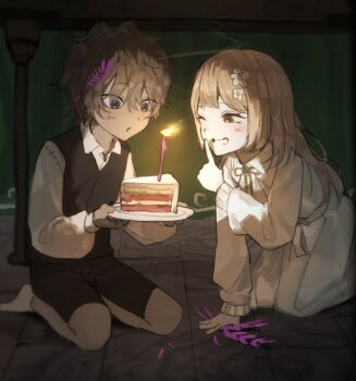 1boy 1girl black_shorts black_vest brown_eyes brown_hair cake candle catherine_(project_moon) chanil_(muexlku) collared_shirt commentary_request dress fire flower food grin heathcliff_(project_moon) highres holding holding_plate kneeling korean_commentary limbus_company long_sleeves one_eye_closed plate project_moon purple_eyes purple_flower shirt shorts smile under_table vest white_dress white_shirt