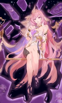 1girl absurdres bare_legs bare_shoulders bell black_shorts blurry breasts chinese_commentary cleavage clothing_cutout commentary_request crossed_legs crystal_shards depth_of_field elf elysia_(herrscher_of_human:_ego)_(honkai_impact) elysia_(honkai_impact) elysia_(miss_pink_elf)_(honkai_impact) floating gloves hair_between_eyes highres honkai_(series) honkai_impact_3rd large_breasts long_hair looking_at_viewer pink_eyes pink_hair pointy_ears shattered shirt short_shorts shorts side_cutout siri863465 sitting sitting_on_object smile staff triquetra veil very_long_hair white_gloves white_shirt white_veil