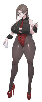 1girl absurdres bare_shoulders black_shirt breasts brown_eyes brown_hair brown_pantyhose button_gap cleavage collared_shirt cup full_body glasses high_heels highleg highleg_leotard highres huge_breasts leotard mimyo necktie original pantyhose parted_bangs ponytail red_leotard shirt sideboob sleeveless sleeveless_shirt solo thick_thighs thighs wide_hips wrist_cuffs