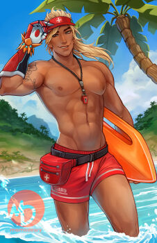 1boy abs alt_text arm_tattoo biceps blonde_hair blue_eyes bracelet brown_lips cloud cloudy_sky commentary dark-skinned_male dark_skin deltoids english_commentary fanny_pack flower_tattoo gloves gold_bracelet hat holding holding_surfboard jewelry lifeguard lifeguarder_lifeweaver lifeweaver_(overwatch) long_hair looking_at_viewer male_swimwear mismatched_eyebrows momo-deary mountain ocean official_alternate_costume overwatch palm_tree pectorals ponytail red_gloves red_hat red_male_swimwear single_glove sky smile solo surfboard swim_trunks tattoo thick_eyebrows topless_male tree visor_cap wading water whistle whistle_around_neck
