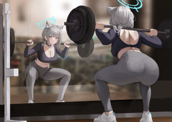1girl absurdres animal_ear_fluff animal_ears ass back_cutout blue_archive blue_eyes breasts cleavage clothing_cutout crop_top cross_hair_ornament exercising extra_ears full-length_mirror grey_hair gym hair_ornament halo highres indoors large_breasts leggings leviathan_(hikinito0902) long_sleeves median_furrow medium_breasts mirror pants shiroko_(blue_archive) shoulder_blades solo squatting training weightlifting white_footwear wolf_ears workout_clothes yoga_pants