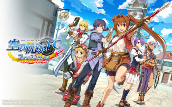 2boys 4girls agate_crosner ascot bag belt bike_shorts bird black_hair blonde_hair blue_eyes boots breasts brown_eyes brown_hair building cannon cleavage_cutout clock clock_tower clothing_cutout cloud cloudy_sky collared_shirt copyright_name crate dagger dark_skin eiyuu_densetsu estelle_bright facial_mark falcom forehead_mark gauntlets goggles goggles_on_headwear greatsword gun hat headband highres jacket joshua_bright kloe_rinz knife logo long_hair looking_at_viewer medium_breasts miniskirt multiple_boys multiple_girls nail_polish official_art olivert_reise_arnor open_mouth orange_eyes overall_shorts overalls pants pantyhose parted_bangs purple_hair rapier red_eyes red_hair sandals sarong sash satchel scherazard_harvey school_uniform shirt shoes short_hair shorts silver_hair skirt sky smile sora_no_kiseki spiked_hair staff sword thighhighs tita_russell tower twintails watermark weapon weather_vane whip window