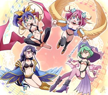 Rule 34 | 4girls, :d, adapted costume, ahoge, anklet, arms behind head, bandeau, bare shoulders, barefoot, belt, bikini, black choker, black hair, bloom prima the melodious choir, bloom prima the melodious choir (cosplay), blue eyes, boots, bracelet girls, breasts, cape, chaya mago, choker, cleavage, closed mouth, collarbone, commentary request, cosplay, detached sleeves, flower, full body, green hair, hair flower, hair ornament, harpie dancer, harpie dancer (cosplay), harpie girl (yu-gi-oh!), harpie girl (yu-gi-oh!) (cosplay), harpie harpist, harpie harpist (cosplay), harpie queen, harpie queen (cosplay), harpy, hat, high heels, highres, hiiragi yuzu, holding, holding wand, indian style, instrument, jewelry, kurosaki ruri, long hair, looking at viewer, lunalight leo dancer, lunalight leo dancer (cosplay), lyrilusc - ensemblue robin, lyrilusc - ensemblue robin (cosplay), medium breasts, medium hair, monster girl, multiple girls, navel, one-piece swimsuit, open mouth, orange eyes, pink hair, ponytail, purple eyes, purple hair, rin (yu-gi-oh!), serena (yu-gi-oh!), shoes, short hair, signature, sitting, smile, stomach, swimsuit, thighhighs, toes, wand, windwitch - ice bell, windwitch - ice bell (cosplay), winged arms, wings, witch hat, yu-gi-oh!, yu-gi-oh! arc-v