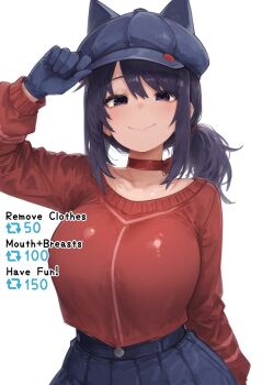 Rule 34 | 1girl, animal ear headwear, animal ears, animal hat, blue eyes, blue gloves, blue hair, blue hat, blue skirt, breasts, cool mita (miside), dark blue hair, fake animal ears, gloves, hachimedes, hand on headwear, hat, highres, large breasts, looking at viewer, low ponytail, miside, mita (miside), neck ribbon, ponytail, red ribbon, red sweater, ribbon, sidelocks, skirt, smile, sweater