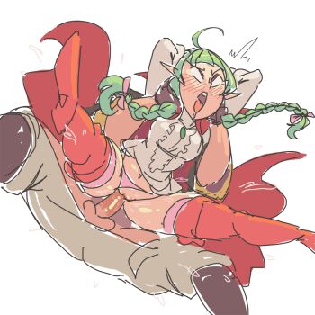 Rule 34 | ahegao, antenna hair, blush, boots, braid, cape, clothing aside, davewaterfalls, dragon girl, fire emblem, fire emblem awakening, full nelson, green hair, male robin (fire emblem), midriff peek, nah (fire emblem), navel, nintendo, panties, panties aside, penis, pointy ears, purple eyes, pussy, sex, sex from behind, simple background, testicles, thigh boots, thighhighs, tongue, tongue out, twin braids, underwear, vaginal
