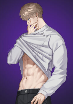 1boy abs absurdres black_pants blonde_hair blue_eyes clothes_lift covering_own_mouth debbie_(debbielu9972) guilty_challenge_(meme) hand_over_own_mouth highres long_sleeves love_and_deepspace male_focus meme muscular muscular_male navel open_clothes open_shirt pants purple_background shirt shirt_lift short_hair solo stomach white_shirt xavier_(love_and_deepspace)