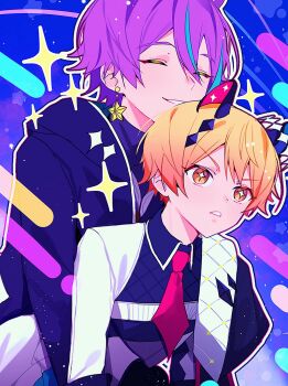2boys blonde_hair blue_background closed_eyes commentary earrings highres jacket jewelry kamishiro_rui looking_to_the_side male_focus multiple_boys necktie project_sekai purple_hair shirt smile sparkle symbol-only_commentary teeth tenma_tsukasa white_shirt yuja03lelee