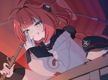 Rule 34 | 1girl, black hat, braid, braided twintails, cardigan, commentary request, covering own mouth, green eyes, hair ornament, hand over own mouth, hat, highres, holding, holding umbrella, kamanosuke (zenless zone zero), long hair, looking at viewer, raccoon, red hair, red umbrella, smile, sphere hair ornament, tanuki, teeth, twin braids, twintails, ukinami yuzuha, umbrella, vegataso, very long hair, zenless zone zero