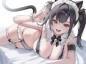 1girl animal_ears arm_up armpits bare_shoulders bikini black_bikini black_hair black_nails bow bowtie breasts cat_ears cat_girl cat_tail cleavage commentary detached_collar detached_sleeves english_commentary extra_ears frilled_bikini frilled_shirt_collar frills garter_straps goddess_of_victory:_nikke highres large_breasts long_hair looking_at_viewer lying maid maid_bikini maid_headdress mole mole_under_eye nail_polish navel on_side open_mouth pulling_own_clothes red_eyes single_detached_sleeve smile solo sora_(nikke) spaghetti_strap stomach strap_pull string_bikini swimsuit tail tail_raised thighhighs twintails unconventional_maid uyuri_(89976220) white_thighhighs wrist_cuffs