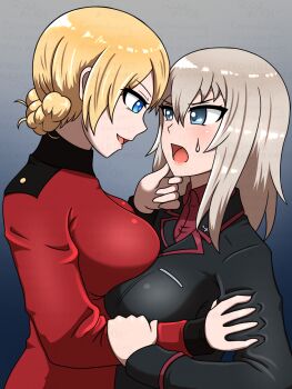 Rule 34 | 2girls, black jacket, blonde hair, blue background, blue eyes, blush, braid, breast press, cocoa maroon, darjeeling (girls und panzer), frown, girls und panzer, gradient background, grey background, grey hair, hand on another's arm, hand on another's chin, highres, itsumi erika, jacket, kuromorimine military uniform, long hair, multiple girls, open mouth, red jacket, red shirt, shirt, smile, st. gloriana's military uniform, sweatdrop, upper body, yuri