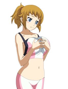 1girl absurdres bike_shorts blue_eyes blush breasts brown_hair cameltoe grabbing_own_breast gundam gundam_build_fighters gundam_build_fighters_try half-closed_eyes highres hoshino_fumina large_breasts legs medium_hair navel own_hands_together ponytail solo sports_bra thighs worried