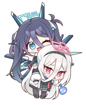 Rule 34 | 2girls, ;d, ankle boots, aqua halo, aris (armed) (blue archive), aris (blue archive), bare shoulders, black boots, black hair, black hairband, black jacket, black skirt, black thighhighs, blue archive, blue eyes, blush, boots, bright pupils, carrying, carrying person, chibi, chibi only, commentary request, dot nose, double-parted bangs, full body, hair between eyes, hairband, halo, highres, jacket, kei (blue archive), kei (new body) (blue archive), long bangs, long hair, long hair between eyes, long sleeves, looking at viewer, mechanical ears, mechanical wings, multicolored jacket, multiple girls, no gloves, official alternate costume, official alternate hairstyle, one eye closed, open clothes, open jacket, open mouth, parted lips, pink eyes, pink halo, pink jacket, pleated skirt, puffy long sleeves, puffy sleeves, rectangular halo, ringed eyes, sidelocks, simple background, skirt, smile, spoken expression, sucong, sweatdrop, thighhighs, twintails, two-sided fabric, two-sided jacket, very long hair, white background, white hair, white jacket, wings