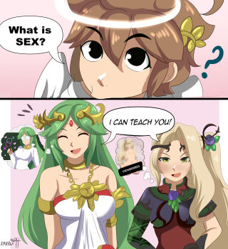 1boy 2girls 2koma absurdres alternate_eye_color angel_wings armlet artist_name asking_a_question black_eyes blonde_hair breasts brown_hair censored closed_eyes collarbone comic dress english_text forehead_jewel glasses green_hair highres jewelry karbuitt kid_icarus kid_icarus_uprising large_breasts laurel_crown long_hair looking_at_viewer mosaic_censoring multiple_girls neck_ring nintendo open_mouth palutena parted_bangs pit_(kid_icarus) short_hair smile speech_bubble strapless strapless_dress vambraces viridi wings yellow_eyes