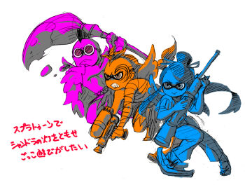 1girl 2boys kamakiri_(one_piece) kepe laki_(one_piece) multiple_boys nintendo one_piece paintbrush parody skypiea splatoon_(series) water_gun wiper