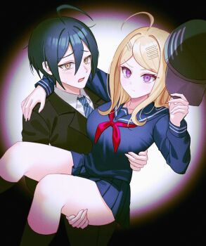 Rule 34 | 1boy, 1girl, akamatsu kaede, black hat, black jacket, black pants, black sailor collar, black shirt, black skirt, black suit, blush, breasts, brown eyes, carrying, danganronpa (series), danganronpa v3: killing harmony, formal clothes, frown, hair between eyes, hat, highres, jacket, keke (xfxyuio), large breasts, miniskirt, neckerchief, necktie, official alternate costume, pants, pleated skirt, princess carry, red neckerchief, saihara shuichi, sailor collar, school uniform, shirt, skirt, striped clothes, striped necktie, suit