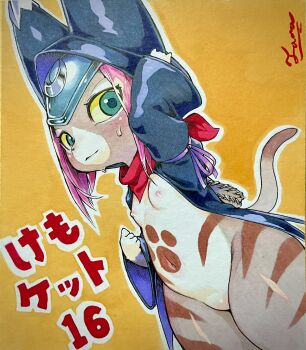 1girl aqua_eyes arm_up cat_tail closed_mouth coat colored_sclera dutch_angle forehead_protector furry furry_female groin highres hood hood_up monster_hunter_(series) monster_hunter_stories_2:_wings_of_ruin navel neckerchief nipples open_clothes open_coat outline painting_(medium) pink_hair red_neckerchief signature simple_background solo sweat tail tamanosuke thighs traditional_media tsukino_(monster_hunter) watercolor_(medium) white_outline yellow_background yellow_sclera