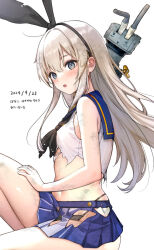 Rule 34 | 1girl, bare shoulders, black bow, black eyes, black hairband, black neckerchief, black panties, blonde hair, blue skirt, blush, bow, commentary request, dated, from side, hair bow, hairband, hanako (peanut), highleg, highleg panties, highres, kantai collection, looking at viewer, neckerchief, open mouth, panties, rensouhou-chan, shimakaze (kancolle), shirt, skirt, solo, torn clothes, torn skirt, underwear, white shirt