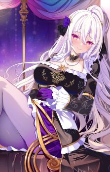 1girl black_bow black_dress bow breasts detached_collar dress gloves highres large_breasts long_sleeves multicolored_dress origami_aya original pantyhose print_dress purple_dress purple_gloves purple_pantyhose sitting white_hair