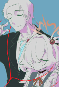 1boy 1girl absurdres black_choker black_suit blue_archive blue_background blue_necktie brown_ribbon choker closed_eyes collared_shirt commentary_request earphones eyeball_hair_ornament facing_viewer formal_clothes grey_hair hair_intakes hair_over_one_eye halo hand_up height_difference highres kanoe_(blue_archive) limited_palette long_hair long_sleeves nakamobu neck_ribbon necktie nose one_eye_covered orange_halo ribbon school_uniform sensei_(blue_archive) shared_earphones shirt short_hair simple_background spiked_hair suit two_side_up upper_body white_shirt