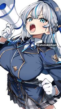 1girl amagai_ruka blue_eyes blue_hat blue_jacket blue_streaks breasts commentary_request commission gloves hat highres holding holding_megaphone jacket large_breasts long_hair looking_at_viewer megaphone multicolored_hair open_mouth partial_commentary plaid_clothes plaid_skirt pleated_skirt shigatsu_shizuki shouting simple_background skeb_commission skirt solo streaked_hair sweat virtual_youtuber weather_planet white_background white_gloves white_hair
