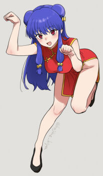 1girl :d bent_over black_shoes breasts china_dress chinese_clothes double_bun dress full_body hair_bun highres kiya_hajime knees long_hair looking_at_viewer medium_breasts no_panties open_mouth paw_pose purple_hair ranma_1/2 red_dress shampoo_(ranma_1/2) shoes sidelocks smile solo standing standing_on_one_leg thighs tongue