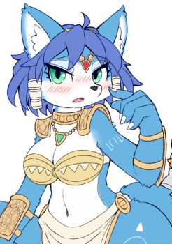 1girl diamond_(gemstone) female_focus fox furry furry_female green_eyes krystal moriguru77 nintendo open_mouth purple_hair short_hair solo star_fox