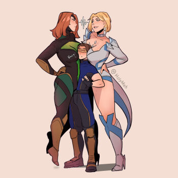 Rule 34 | 1boy, 2girls, artist name, black bodysuit, black gloves, blonde hair, blue bodysuit, bodysuit, boots, brown boots, brown hair, cyclops (x-men), emma frost, fingerless gloves, gloves, green bodysuit, grey background, holy meh, long hair, marvel, marvel rivals, multicolored bodysuit, multiple girls, phoenix (x-men), short hair, simple background, two-tone bodysuit, white boots