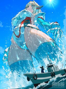 1boy 1girl artist_name blonde_hair blue_eyes blue_sky blue_thighhighs boat breasts cameltoe closed_mouth cloud covered_erect_nipples day elbow_gloves exciel_cian from_below giant giantess gloves highleg highleg_leotard highres large_breasts leotard nikunopengin ocean original outdoors ship short_hair sky solo_focus splashing standing sun thick_thighs thighhighs thighs water watercraft wet wet_clothes white_gloves