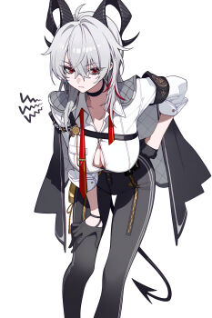 1girl armband bags_under_eyes black_armband black_choker black_gloves black_horns black_jacket black_pants black_tail breasts button_gap chest_harness choker closed_mouth collarbone commentary cowboy_shot curled_horns demon_tail earrings gloves grey_hair hair_between_eyes hand_on_own_hip hand_on_own_thigh harness highres horns jacket jacket_on_shoulders jewelry key_earrings kurisu~tina large_breasts leaning_forward long_hair looking_at_viewer multicolored_hair necktie pants red_eyes red_necktie shirt simple_background solo streaked_hair tail undone_necktie white_background white_shirt wuthering_waves zani_(wuthering_waves)