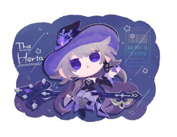 1girl breasts brown_hair brown_pantyhose character_name chibi collar detached_sleeves dress eyebrows_hidden_by_hair flower full_body gnsn_no09 hat hat_flower herta_(honkai:_star_rail) honkai:_star_rail honkai_(series) large_hat long_hair looking_up open_mouth oversized_object pantyhose purple_collar purple_dress purple_eyes purple_footwear purple_hat purple_skirt purple_sleeves shooting_star skirt small_breasts solo the_herta_(honkai:_star_rail) very_long_hair witch_hat