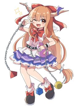 Rule 34 | 1girl, :d, absurdres, black shoes, blue skirt, blush, bow, bowtie, brown horns, chain, commentary, cube, fang, footwear bow, frilled wrist cuffs, frills, full body, hair bow, hand up, high meron, highres, horn ornament, horn ribbon, horns, ibuki suika, long hair, looking at viewer, open mouth, orange eyes, orange hair, orb, purple ribbon, pyramid (geometry), red bow, red bowtie, ribbon, shirt, shoes, signature, simple background, skirt, sleeveless, sleeveless shirt, smile, socks, solo, standing, touhou, v, white background, white shirt, white socks, wrist cuffs