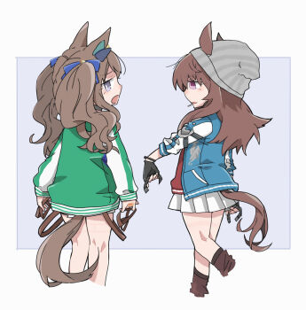 2girls animal_ears beanie beer_hsk black_gloves blue_background blue_bow blue_jacket bow brown_hair brown_socks commentary_request cropped_legs ears_through_headwear fingerless_gloves from_behind gloves green_jacket grey_background grey_hat hair_bow hat horse_ears horse_girl horse_tail jacket long_sleeves multiple_girls nakayama_festa_(umamusume) pleated_skirt puffy_long_sleeves puffy_sleeves skirt sleeves_past_wrists socks standing standing_on_one_leg striped_clothes striped_headwear sweater_vest tail tosen_jordan_(jokester_vibes)_(umamusume) tosen_jordan_(umamusume) twintails two-tone_background umamusume vertical-striped_clothes vertical-striped_headwear white_skirt