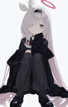 1girl black_choker black_coat black_eyes black_hairband black_pantyhose black_sailor_collar black_serafuku black_shoes black_skirt blue_archive braid choker closed_mouth coat colored_inner_hair grey_eyes grey_hair hair_over_one_eye hairband halo highres loafers long_hair long_sleeves looking_at_viewer multicolored_hair neckerchief nun0n0 pantyhose pink_hair plana_(blue_archive) pleated_skirt red_pupils sailor_collar school_uniform serafuku shoes simple_background sitting skirt solo very_long_hair white_background white_hair white_neckerchief