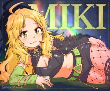 1girl :3 ahoge arm_support asymmetrical_sleeves beachepisode belt belt_buckle black_shorts blonde_hair bluesky_username bracelet breasts buckle character_name cleavage cleavage_cutout clothing_cutout commentary crop_top dark_background detached_sleeves english_commentary fishnet_pantyhose fishnets fur_sleeves green_belt green_eyes hand_on_own_hip highres hoshii_miki idolmaster idolmaster_(classic) jewelry long_hair looking_at_viewer lying medium_breasts midriff mismatched_sleeves navel pantyhose pink_nails rainbow_gradient ring shadow shorts solo sparkle thighhighs thighs zettai_ryouiki