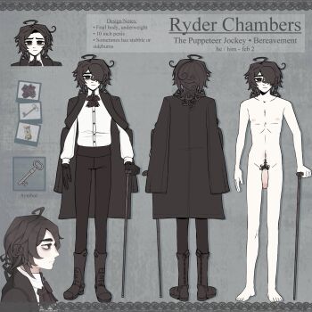 Rule 34 | 1boy, ahoge, ascot, bags under eyes, boots, brown ascot, brown boots, brown cape, brown eyes, brown gloves, brown hair, brown pants, buttons, cane, cape, character name, character profile, closed mouth, completely nude, english text, expressionless, from behind, from side, gloves, hair over one eye, key, looking at viewer, male focus, mature female, nipples, nude, original, pants, penis, pubic hair, reference sheet, roseary, ryder (roseary), shirt, straight-on, white shirt