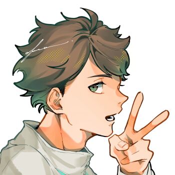 1boy adam&#039;s_apple arm_up brown_hair from_side green_hair haikyuu!! highres long_sleeves looking_at_viewer lower_teeth_only male_focus nedoko_27117 oikawa_tooru_(haikyuu!!) open_mouth parted_bangs profile shirt short_hair short_sideburns signature simple_background solo teeth v white_background white_shirt