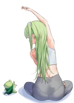 1girl absurdres arm_up ass chico_(yuzuha_riko) creature crop_top cropped_shirt from_behind green_hair grey_leggings hair_ornament hashtag-only_commentary highres kitsune_hero leggings long_hair looking_to_the_side pom_pom_(clothes) pom_pom_hair_ornament shirt simple_background sitting sleeveless sleeveless_shirt small_sweatdrop stellive straight_hair stretching turning_head virtual_youtuber white_background white_shirt yuzuha_riko