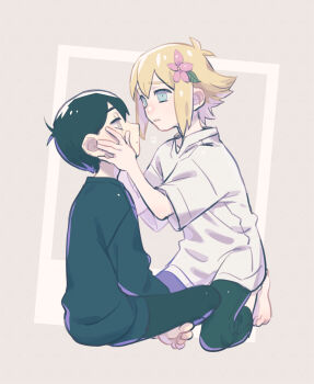 Rule 34 | 2boys, \||/, antenna hair, bare arms, barefoot, basil (faraway) (omori), basil (omori), black hair, black pants, black shirt, blonde hair, blue eyes, closed mouth, collarbone, collared shirt, commentary request, double-parted bangs, eye contact, face-to-face, flipped hair, flower, from side, full body, grey background, grey eyes, hair behind ear, hair between eyes, hair flower, hair ornament, hands on another's cheeks, hands on another's face, hands up, highres, indian style, inset border, kneehighs, leaf, long sleeves, looking at another, male focus, multiple boys, omori, pants, parted lips, pink flower, profile, puffy long sleeves, puffy sleeves, raised inner eyebrows, scar, scar across eye, scar on face, shirt, short hair, short sleeves, sidelocks, simple background, sitting, socks, spoilers, sunny (omori), toastytoast, toes, very short hair, white shirt