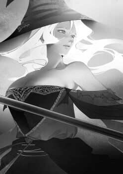 1girl attack_azarashi bare_shoulders black_skin breasts collarbone colored_skin dark_skin elden_ring elden_ring_nightreign grey_background grey_eyes greyscale highres large_breasts large_hat long_hair mage_staff monochrome parted_lips recluse_(elden_ring) simple_background solo staff upper_body very_dark_skin white_hair witch