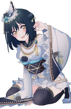 1girl arm_support between_legs black_hair black_thighhighs blush breasts commentary_request cream_(nipakupa) fang hair_ornament hair_ribbon hand_between_legs hand_up japanese_clothes ketsui_no_hikari kimono long_sleeves looking_at_viewer love_live! love_live!_nijigasaki_high_school_idol_club medium_breasts mifune_shioriko miniskirt official_alternate_costume open_mouth orange_eyes ribbon short_hair simple_background skirt solo swept_bangs thighhighs white_background white_kimono white_skirt wide_sleeves