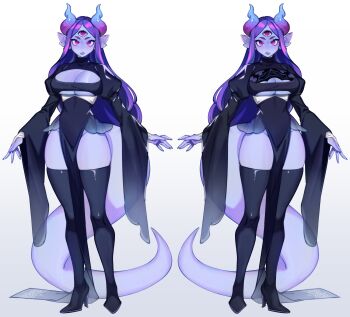 2girls black_boots black_dress boots breasts cleavage colored_skin demon_girl demon_tail dress full_body high_heels highres large_breasts large_ears large_tail lips long_hair looking_at_viewer maplekeurig multiple_girls open_mouth original purple_skin red_eyes simple_background stiletto_heels symmetrical_pose tail thigh_boots third_eye white_background