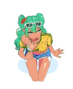 1girl aqua_eyes aqua_hair bikini bikini_under_clothes brazilian_miku breasts commentary_request crop_top cropped_legs denim denim_shorts eyewear_on_head flower from_above green_nails hair_flower hair_ornament hatsune_miku hibiscus highres jewelry long_hair medium_breasts nail_polish necklace off_shoulder portuguese_commentary seujao69 shirt short_sleeves shorts simple_background solo sweat swimsuit tan tongue tongue_out twintails vocaloid yellow_nails